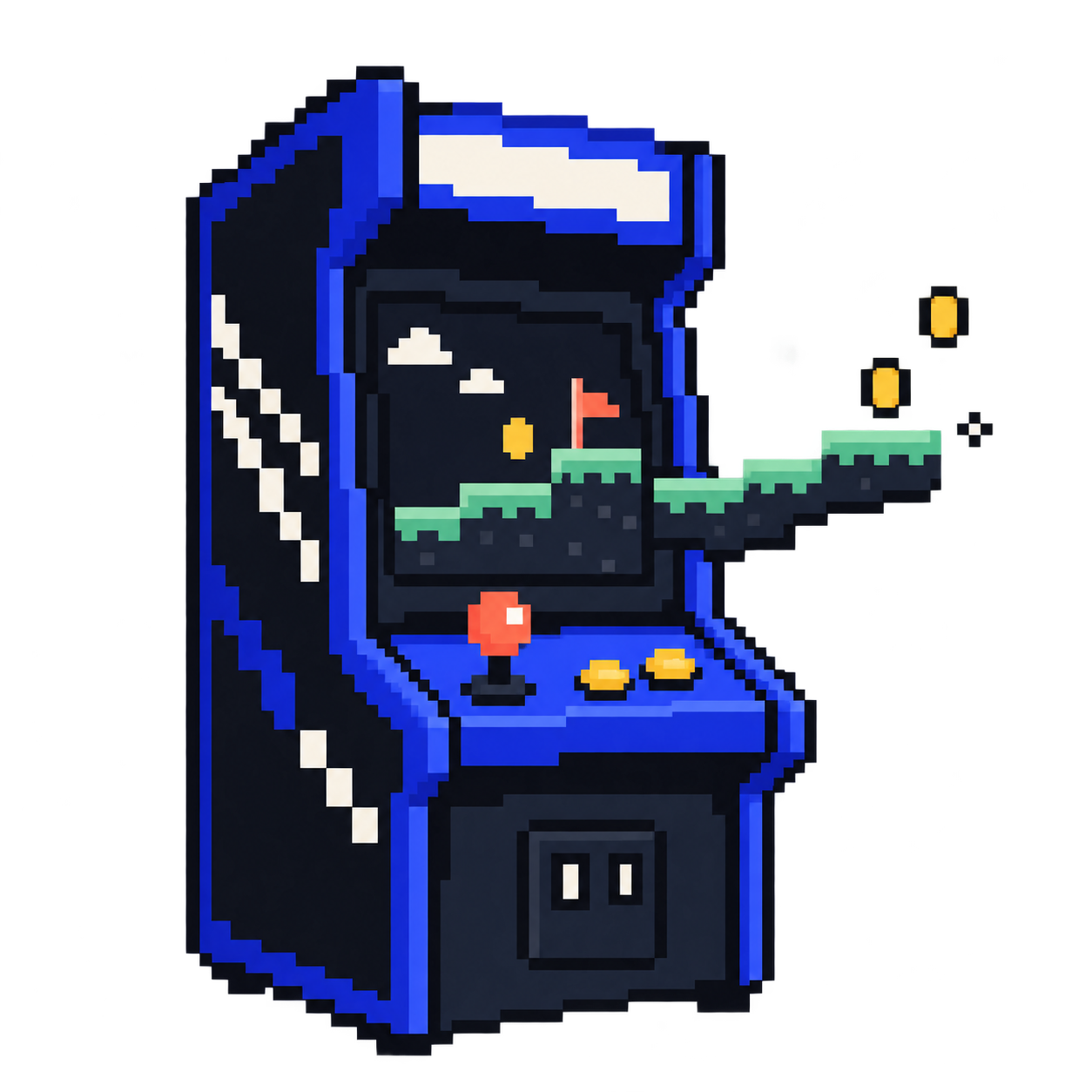 Cabinato arcade in pixel art con piattaforme e monete che escono dallo schermo