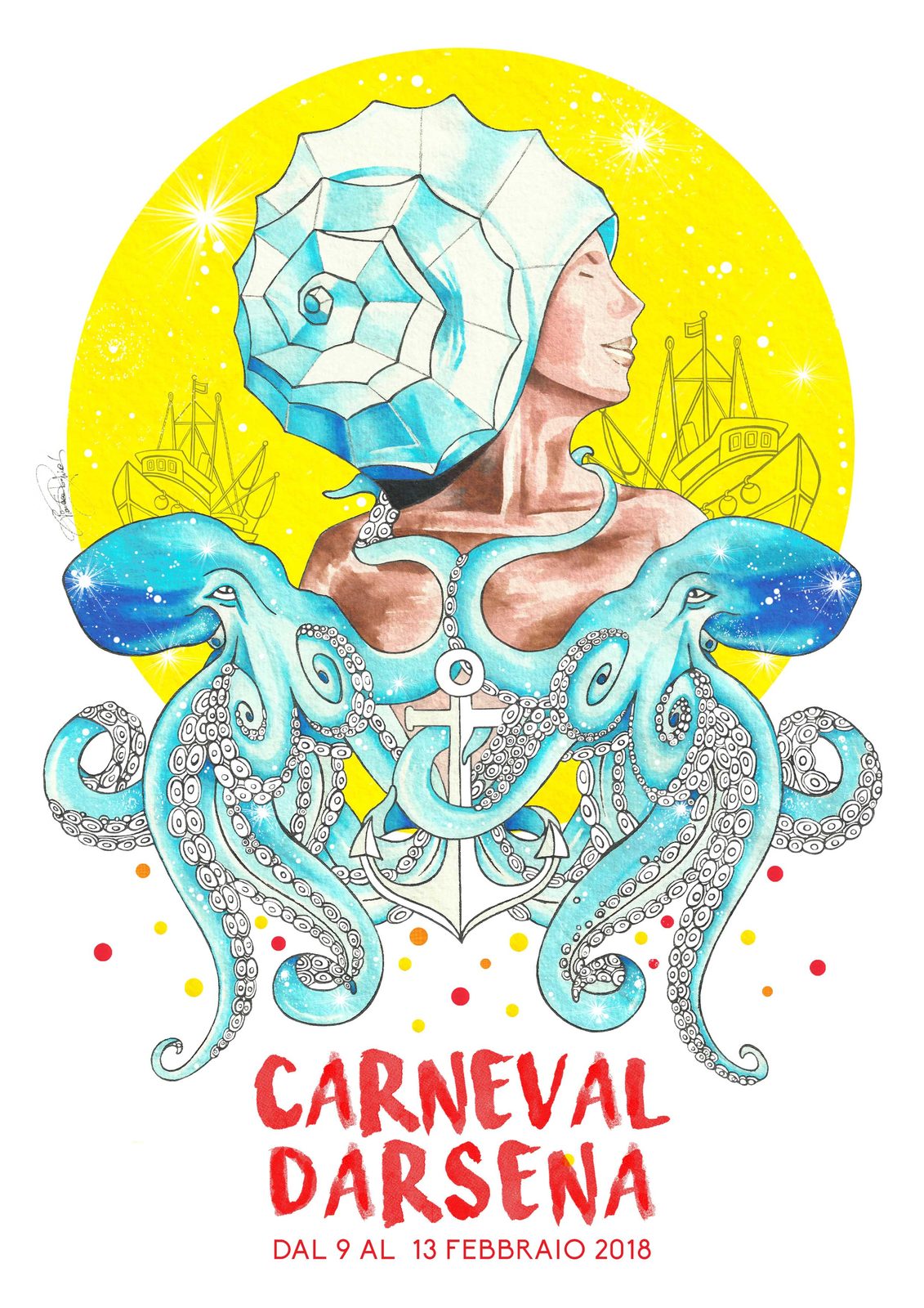 Manifesto illustrato del Carneval Darsena con figura femminile e polpi