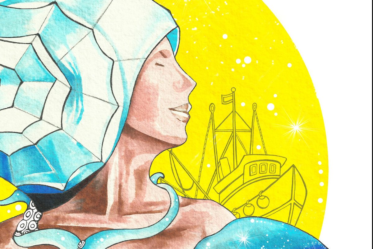 Dettaglio del manifesto con conchiglia e luna gialla