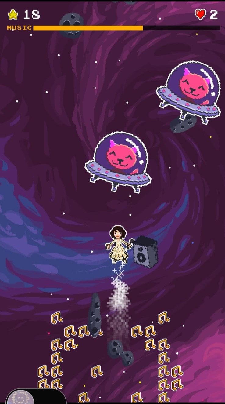 Livello pixel art con pianeti disallineati e sfere musicali