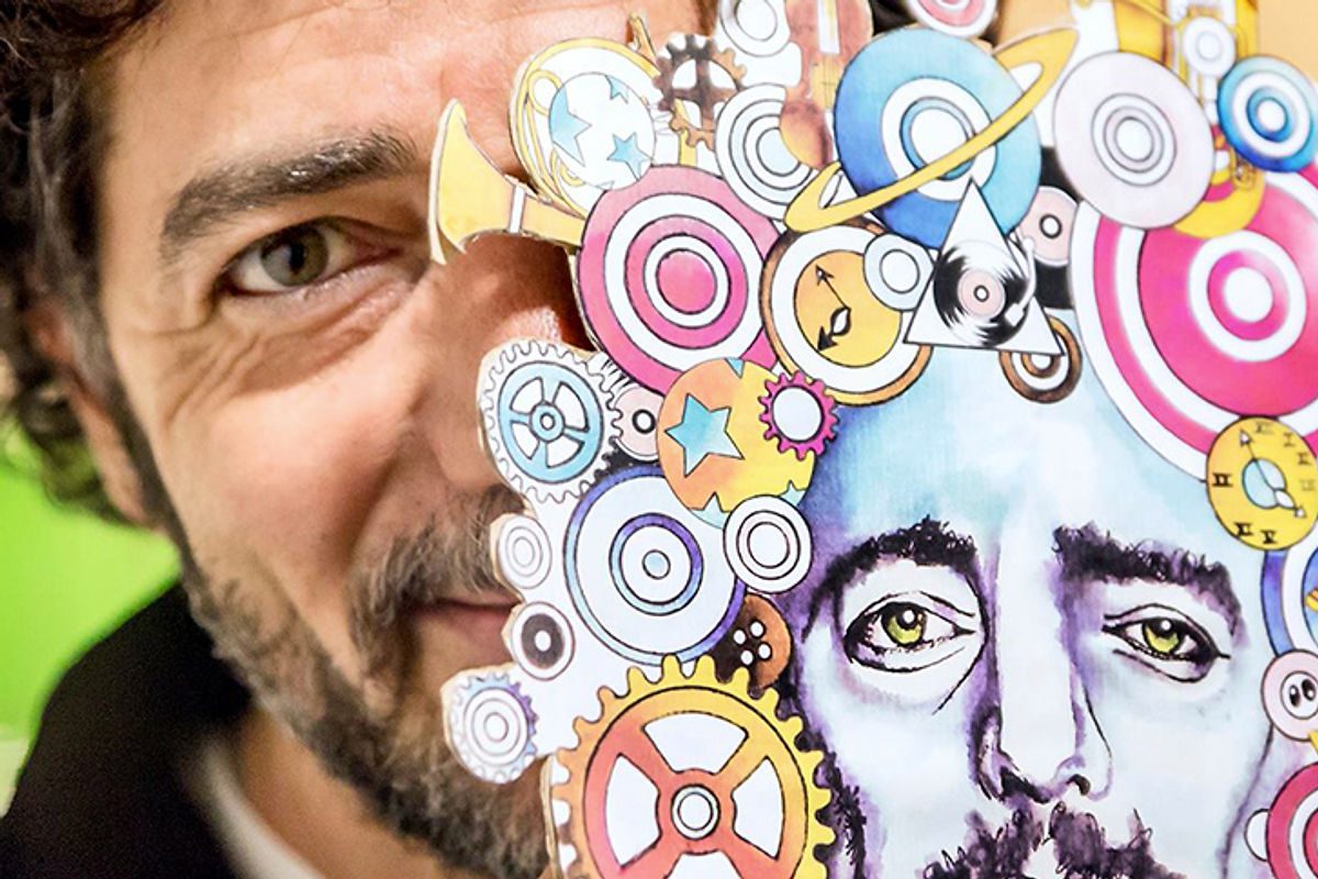 Tavola a pennarello con paesaggio cosmico e simboli