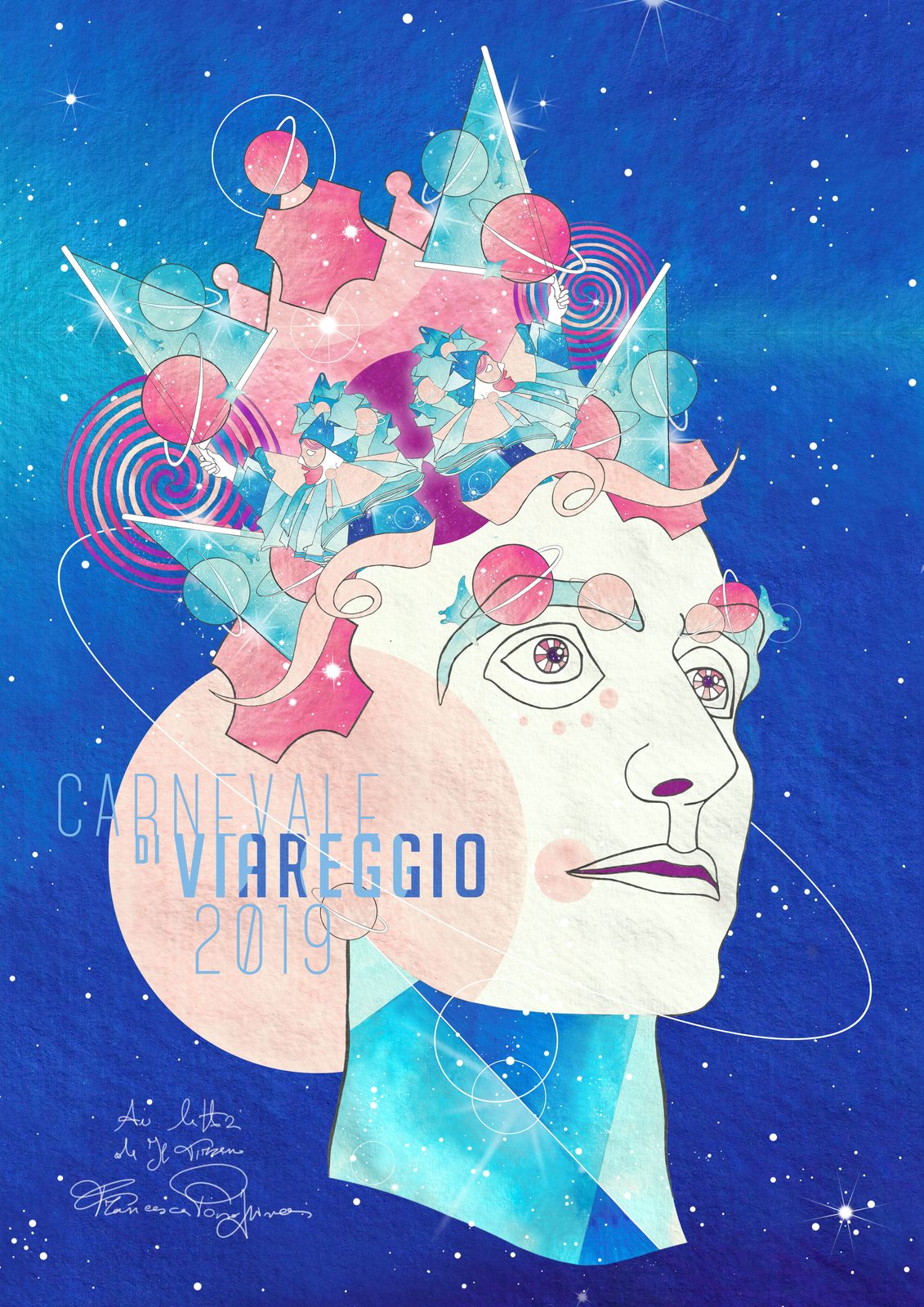 Manifesto a pennarello del Re Carnevale cosmonauta futuristico