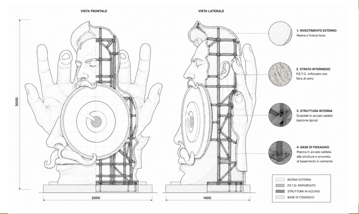 Executive technical drawing: front and side views with layering and dimensions in millimetres