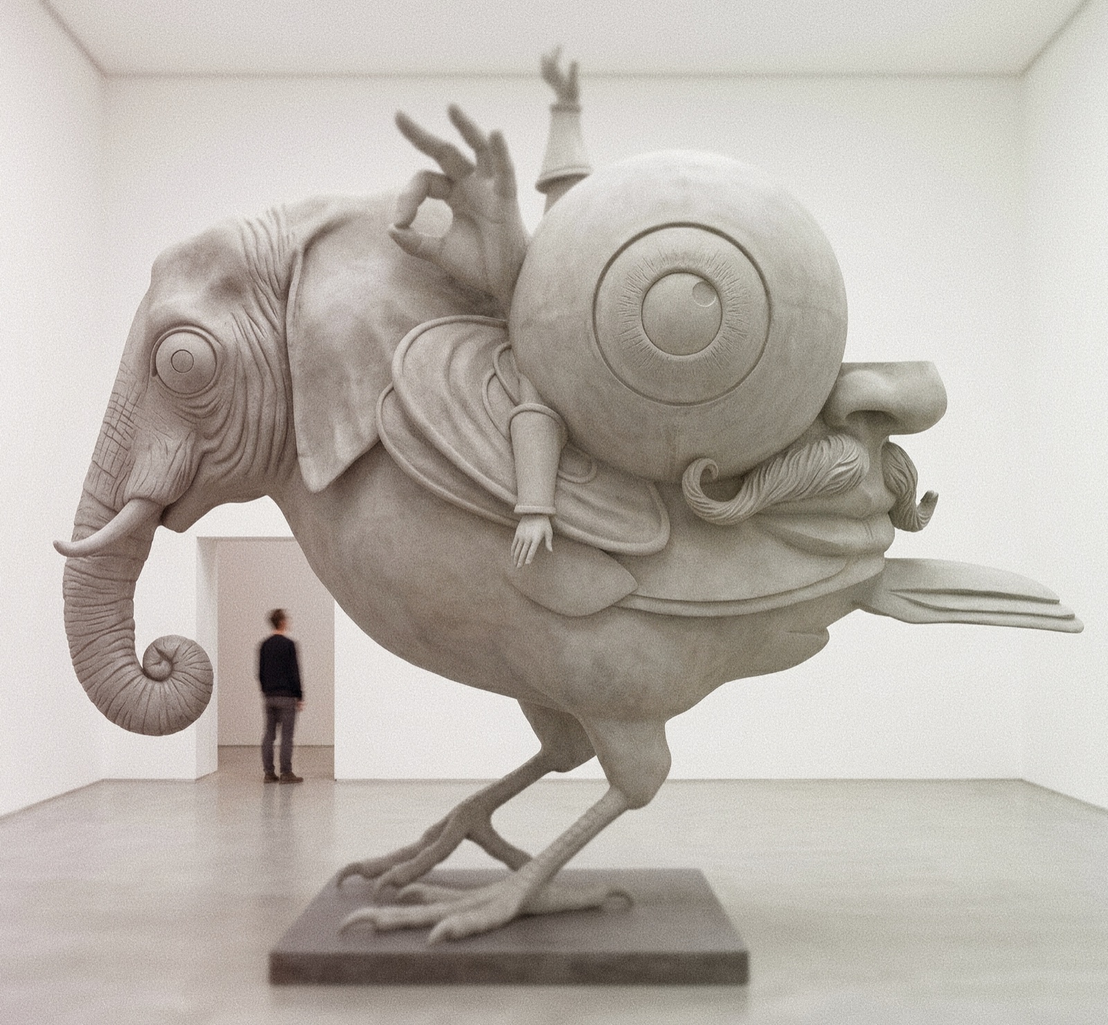 Scultura monumentale ibrido elefante-uccello con grande occhio