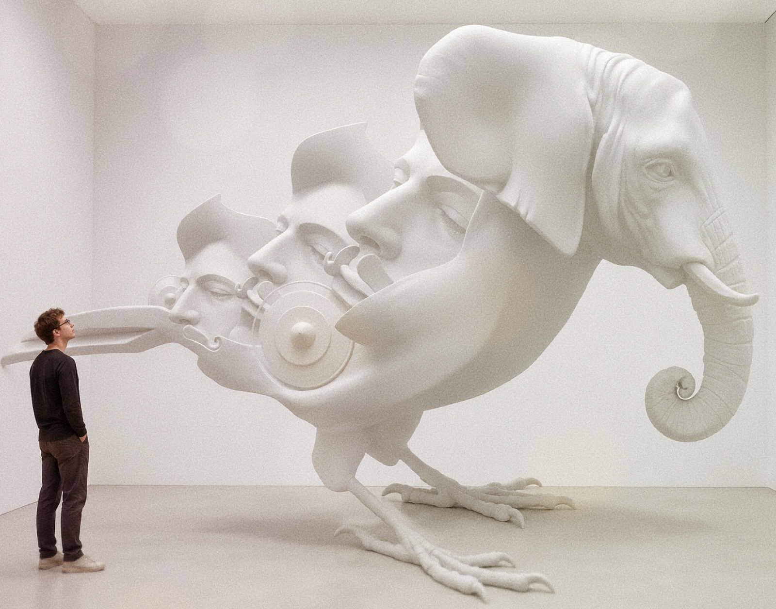 Scultura ibrido elefante-uccello con tre volti in sequenza