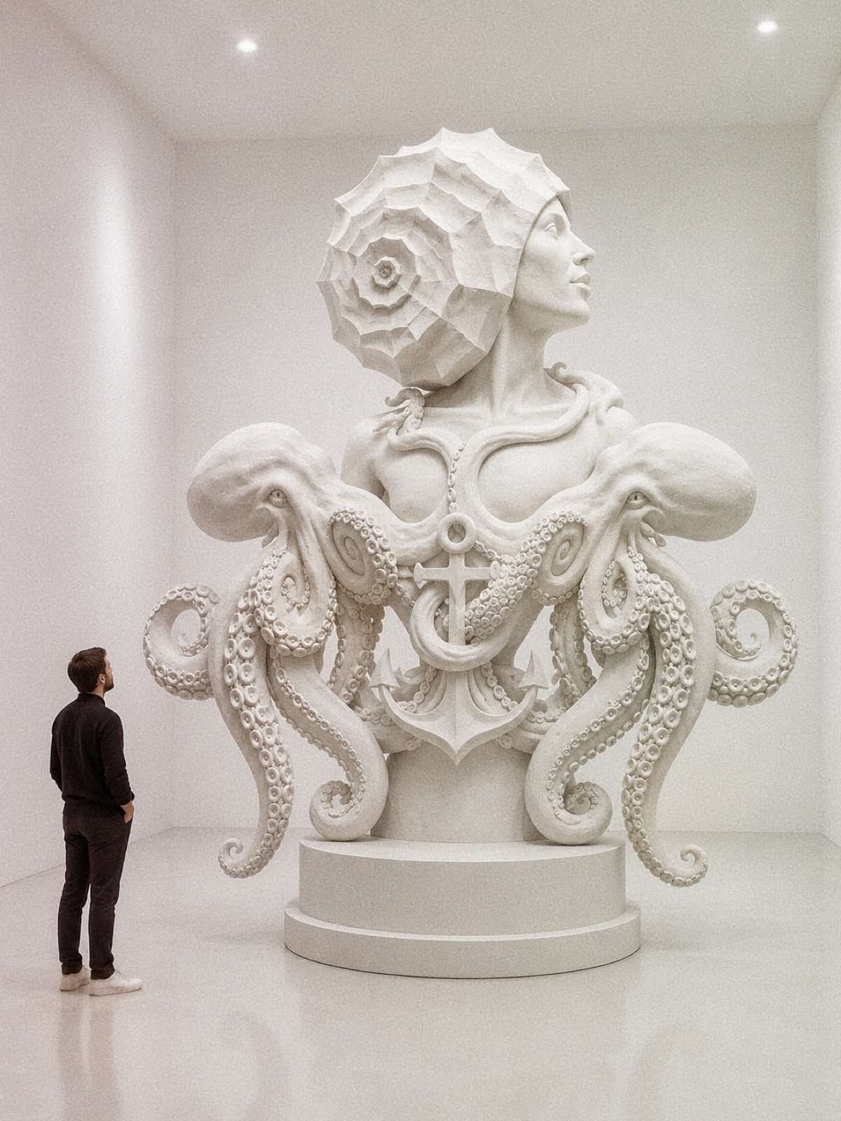 Scultura monumentale della figura marina firmata Imaginarium: busto con polpi e ancora