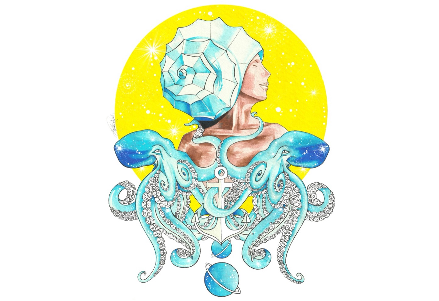 Colour drawing of the marine figure: woman, octopuses and anchor