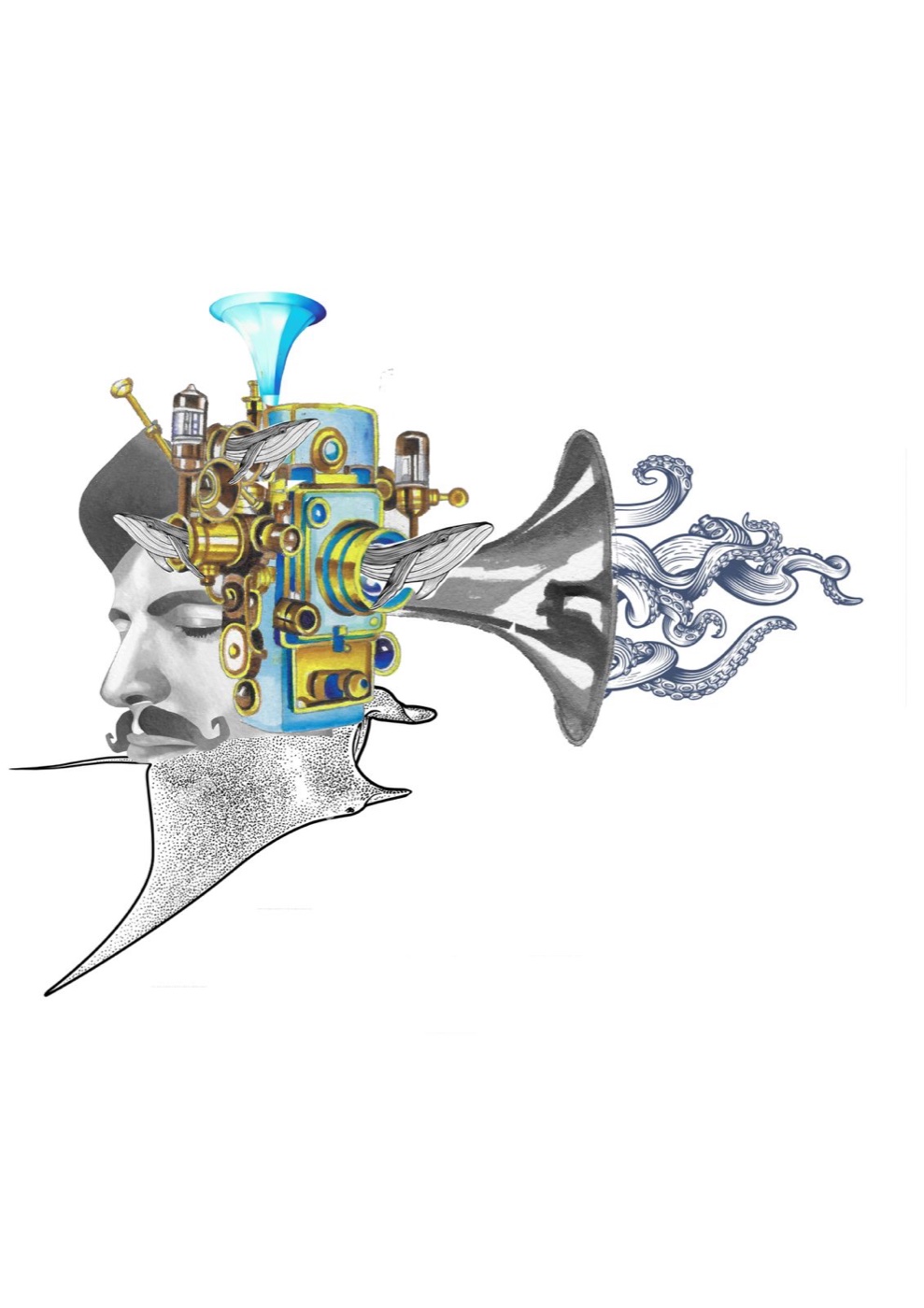 Drawing of the mechanism-head with gramophone and whales