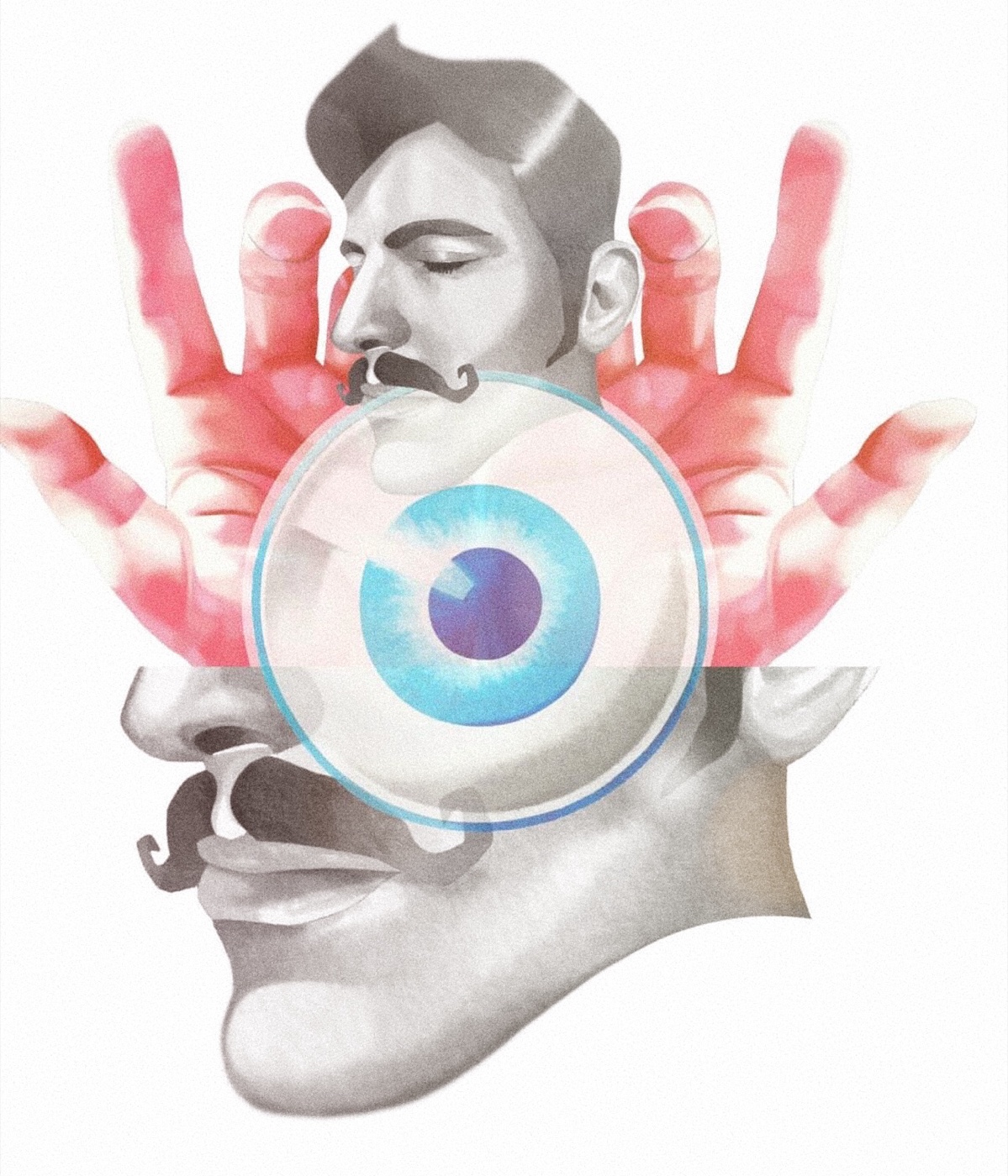 Colour drawing of the face with hands and an eye