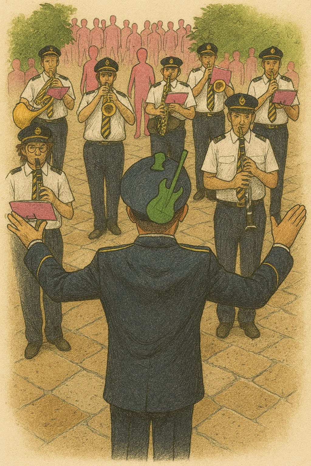 Disegno a china delle installazioni mobili del corteo