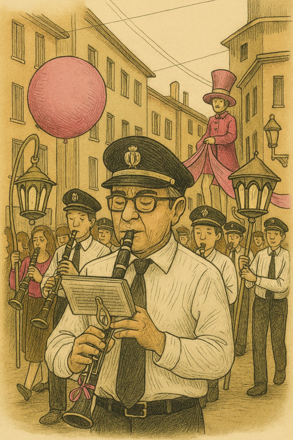 Schizzo del carro con elementi musicali e teatrali